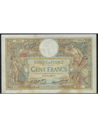 FRANCE 100 FRANCS MERSON sans LOM 17-9-1927 G.19084 TB+ (F24/06)