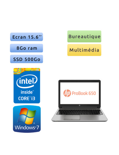 HP ProBook 650 G2 - Windows 7 - i3 8Go 500Go SSD - 15.6 - Webcam - Ordinateur Portable PC - bureautique