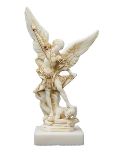 St Michel - Statue en albâtre 20cm -Beige et Or