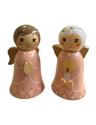 2 Anges en bois tourné Rose 7cm  - Prière + Bougie