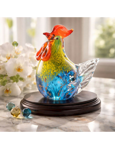Sculpture Coq Verre Multicolore 10x9x12cm