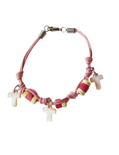 Bracelet en Corde + Croix en Nacre - ROSE