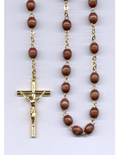 Chapelet BOIS FONCE grains ovales chaine et croix dorées