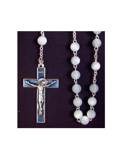 Chapelet verre BLEU ciel translucide chaine et croix argentée