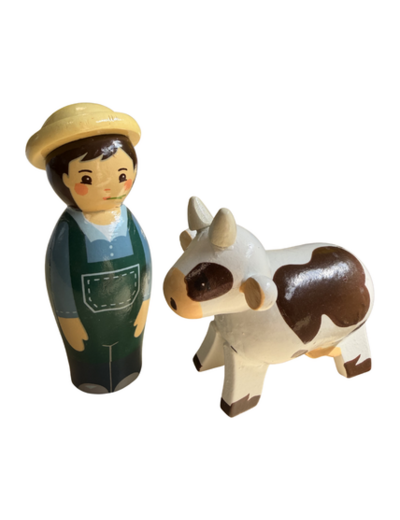 Fermier et vache en bois tourné 10cm + boite