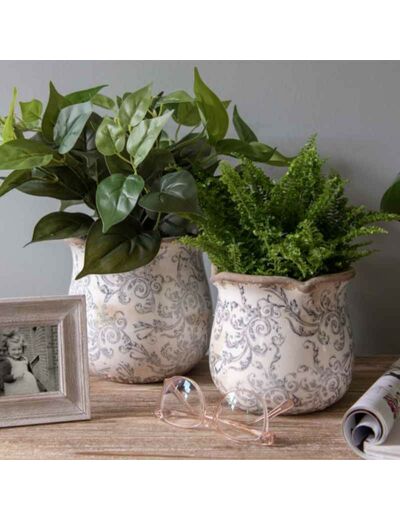 Pot de fleurs motif floral gris 18x17cm
