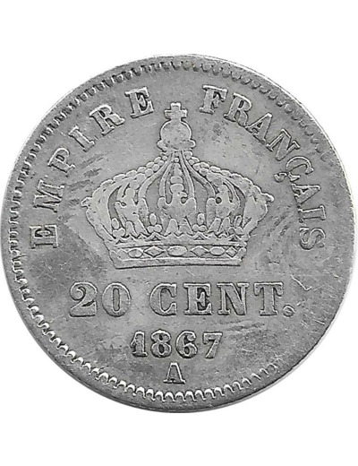 FRANCE 20 CENTIMES NAPOLEON III 1867 A TB+