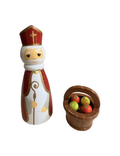 Saint Nicolas et friandises en bois tourné 10cm + boite