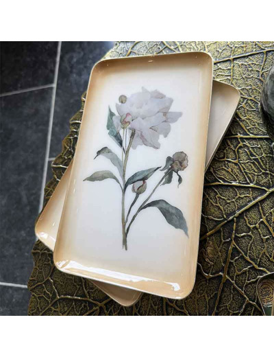 Plateau floral blanc crème métal 15x26x26cm