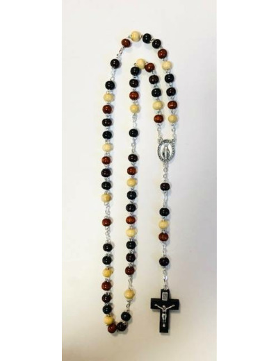 Chapelet en BOIS 6mm MULTICOLORE - croix en bois avec christ argenté
