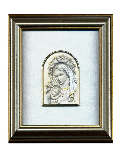 Cadre argenté/doré 14.5x12.5cm plaque argent ogive Vierge+enfant