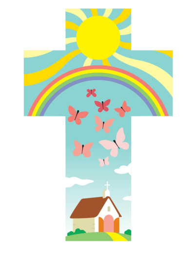 Croix Eglise Papillons Arc en ciel 14x9cm
