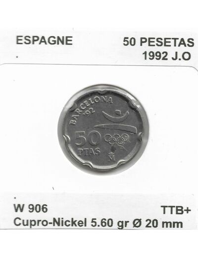 ESPAGNE 50 PESETAS JO 1992 TTB+