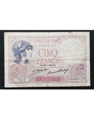 FRANCE 5 FRANCS VIOLET 22-9-1932 Q.49880 TB+ F 03/16