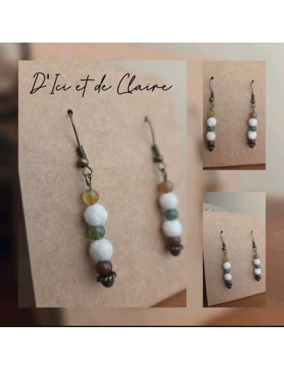 Boucles d'oreille pierres naturelles et double perle en cachemire de Touraine