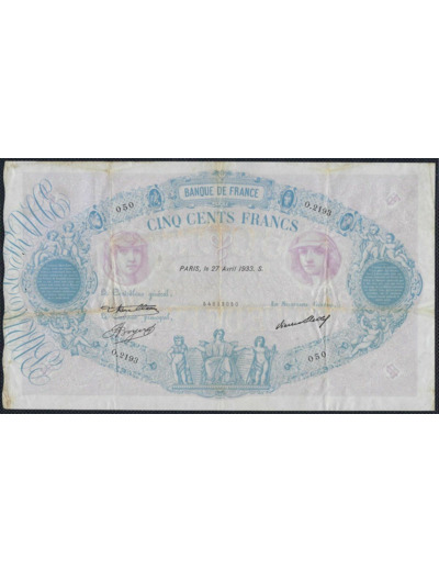 FRANCE 500 FRANCS BLEU ET ROSE 27 AVRIL 1933 O.2193 TB+