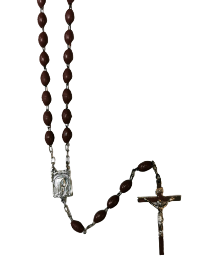 Chapelet plastique grain ovale MARRON - Coeur Vierge Lourdes