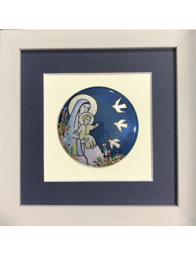 CADRE gris avec VIERGE AUX OISEAUX 14,5x14,5cm - EMAUX DU LIBAN