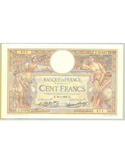 FRANCE 100 FRANCS MERSON SANS LOM SERIE Z.20362 26-1-1928 SPL