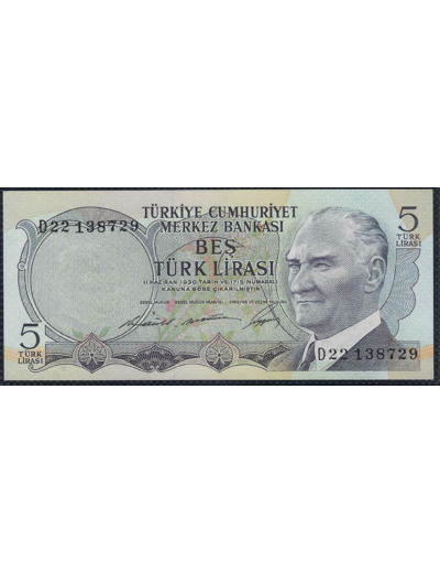 TURQUIE 5 LIRA L.1930 (1968) Série D22 NEUF (W179)