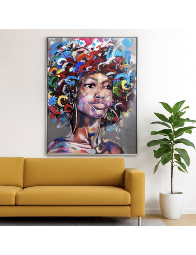 Tableau Encadrée Portrait Africaine Multicolore toile 90x4x120cm