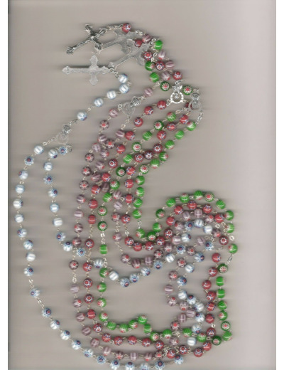 Chapelet argenté imitation Murano + croix christ- COULEURS ASSORTIES