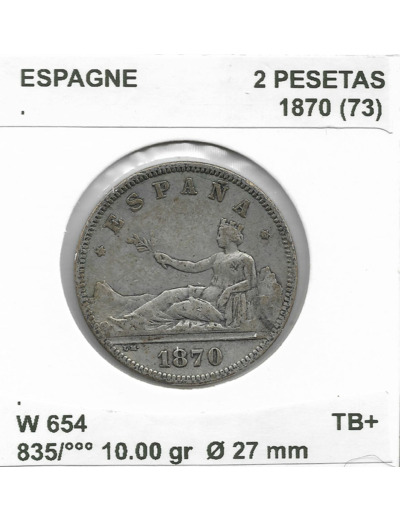 Espagne ( SPAIN ) 2 PESETAS 1870 (73) TB+ DEM