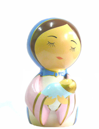 Statue Marie et Jésus en bois tourné 10x5cm