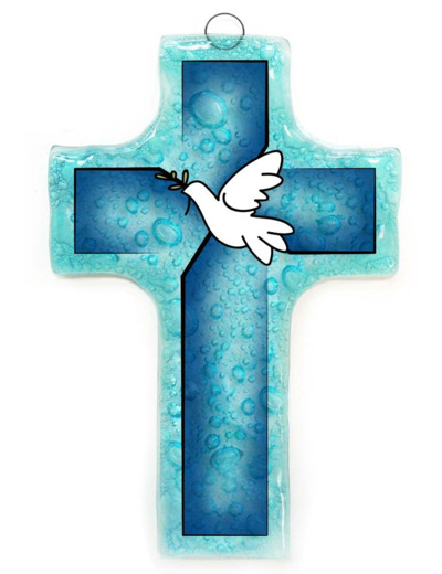 Croix en verre 8x12cm- COLOMBE SUR CROIX BULLES bleue