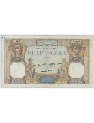 FRANCE 1000 FRANCS CERES ET MERCURE 10 DECEMBRE 1931 SERIE B.1666 TB+