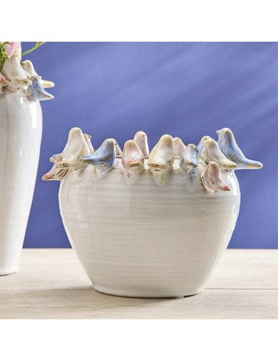 Vase céramique aux oiseaux colorés 21x21x16cm