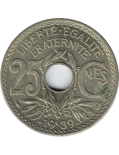 FRANCE 25 CENTIMES LINDAUER .1939. Légère SUP-