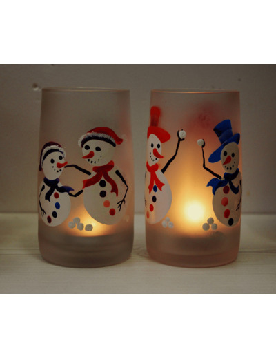 Duo de photophores de noël en verre givré très colorés, joyeux petits bonhommes de neige peints à la main, objet unique et signé.