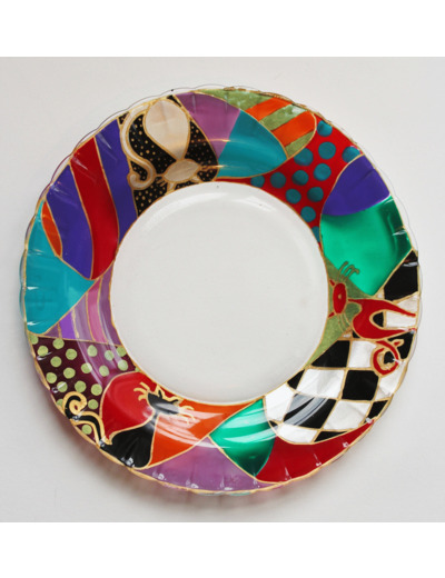 Assiette personnalisable sur commande en verre peinte à la main de 20cm très colorée sur le thème des chats, signée et numéroté