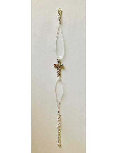 Bracelet métal argenté/fil transparent - croix strass blancs et émail