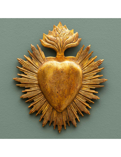 Ex-voto coeur  flamme résine doré 24x21x1cm