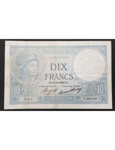 FRANCE 10 FRANCS MINERVE 17-12-1936 SERIE T.68008 TTB F 06/17