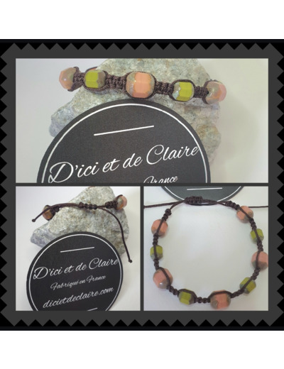 Bracelet Shamballa 9 perles verre vert et vieux rose