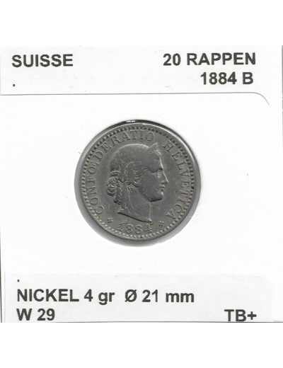 SUISSE 20 RAPPEN 1884 B TB+