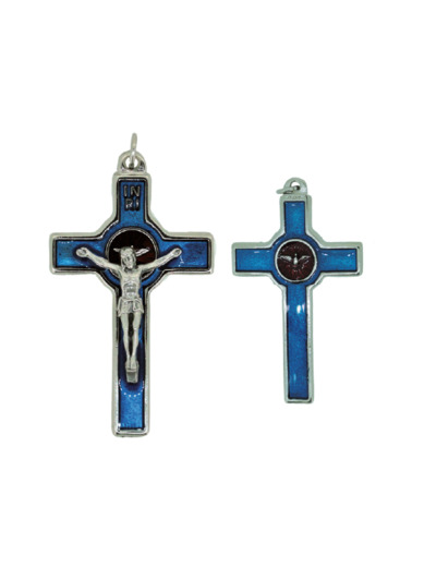 Crucifix en Métal Argenté avec Email Bleu 8cm - CHRIST ET ESPRIT