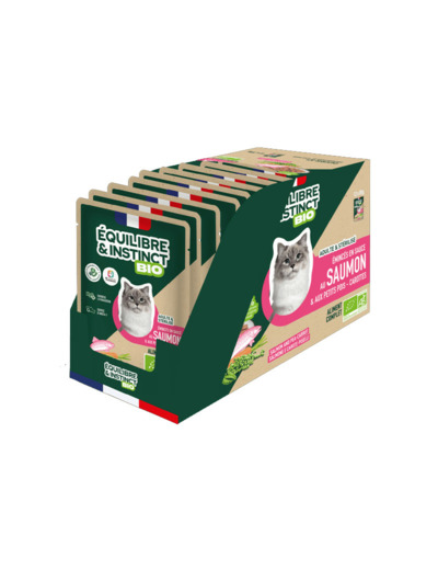 Équilibre & Instinct, Émincés en sauce BIO au saumon et aux petits pois carottes - 12 x 85g