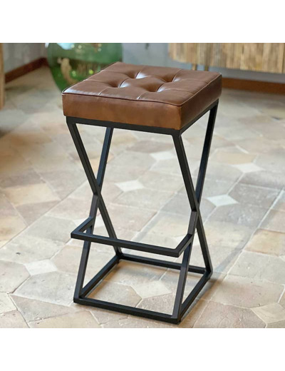 Tabouret de bar vintage cuir marron 38x38x74cm