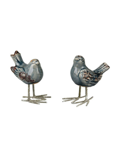 Ensemble 2 oiseaux fer décoratifs bleu 13x15cm