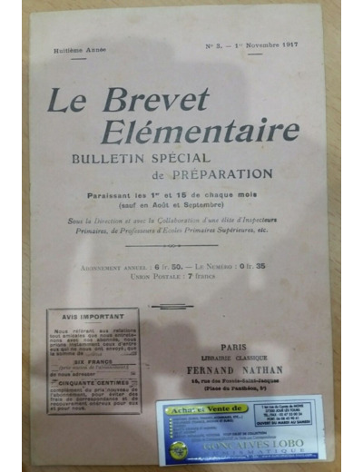 LE BREVET ELEMENTAIRE 01 NOVEMBRE 1917