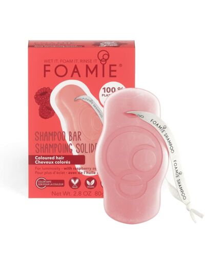 Foamie Shampoing solide pour cheveux colorés à l'huile de framboise qui apporte d'éclat, shampoing sans sulfate et sans plastique 100% vegan 80g Framboise pour Cheveux Colorés