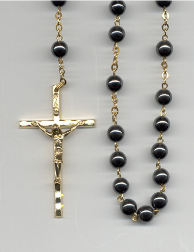 Chapelet HEMATITE chaîne et croix dorées