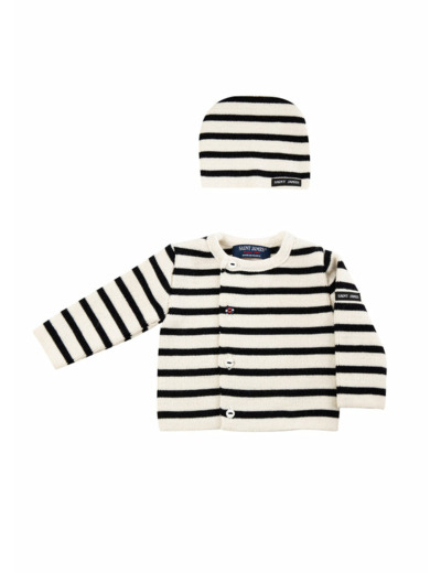 Brassière et bonnet naissance rayé, en laine mélangée