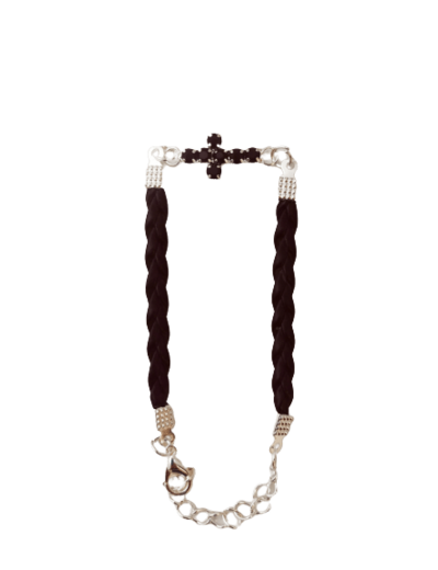 Bracelet métal argenté /simili cuir noir - croix strass noirs