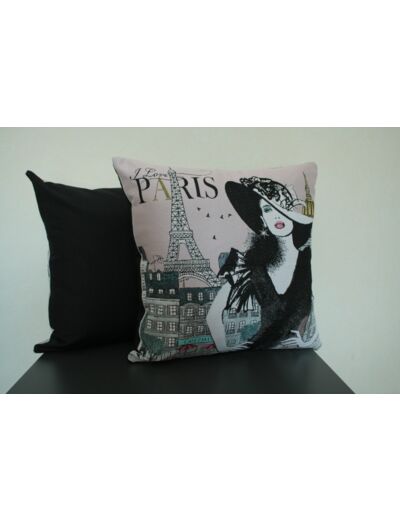 Coussin motif femme au chapeau noir PARIS