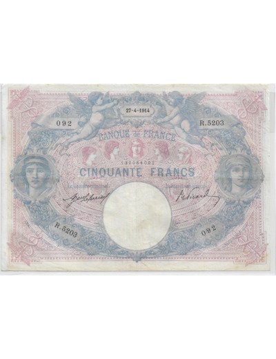 FRANCE 50 FRANCS BLEU ET ROSE SERIE R.5203 27-4-1914 TB+